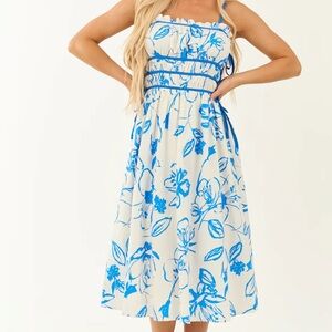 The Vintage Shop Ivory Floral Print Square Neck Sleeveless Midi Dress S Blue NWT